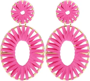 Raffia Tassel Hoop Drop Earrings Handmade Fashion Statement Jewelry for Women