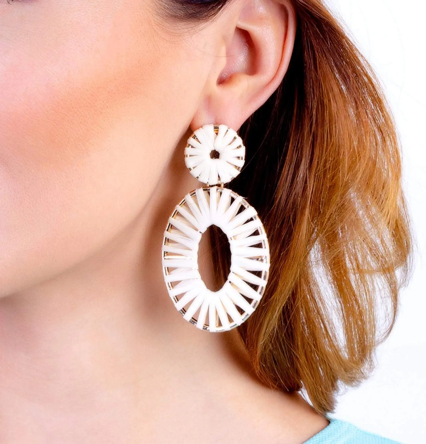 Raffia Tassel Hoop Drop Earrings Handmade Fashion Statement Jewelry for Women