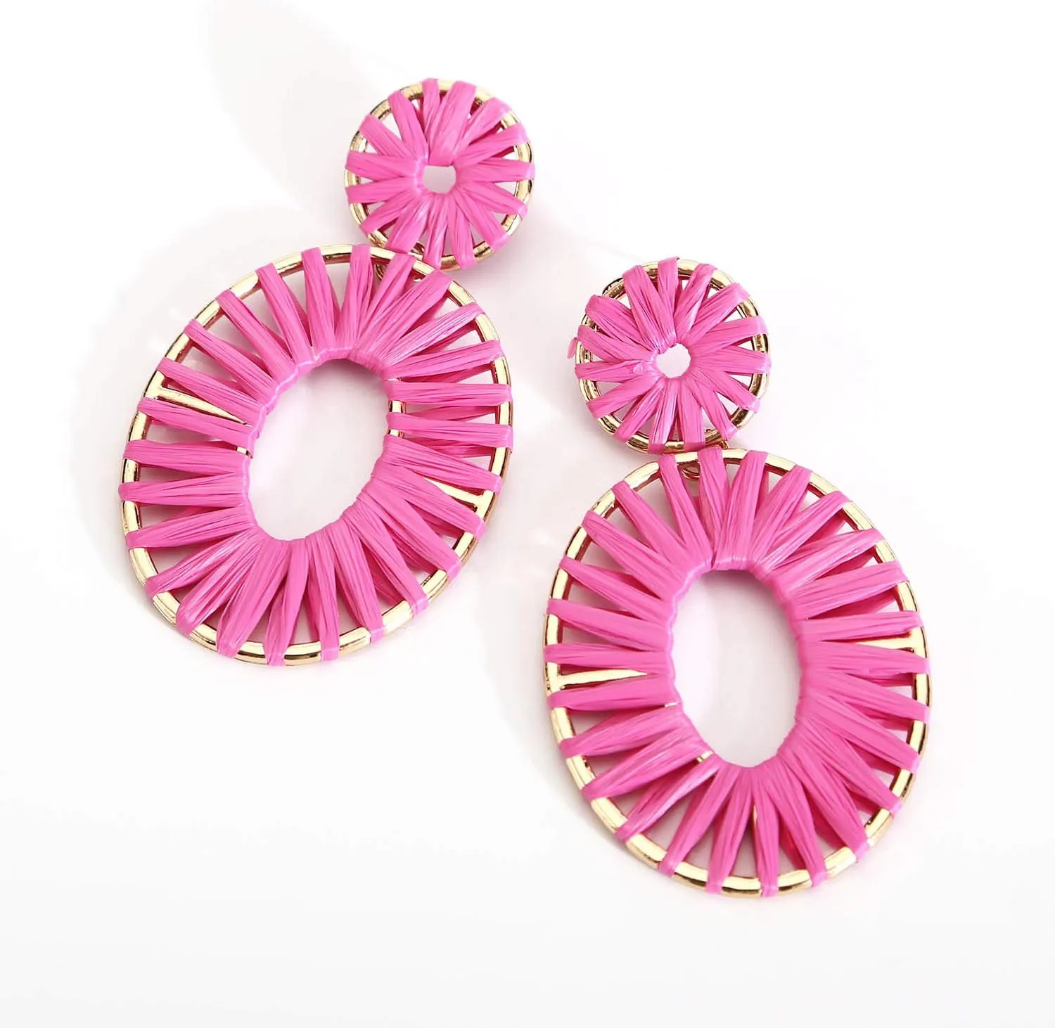 Raffia Tassel Hoop Drop Earrings Handmade Fashion Statement Jewelry for Women
