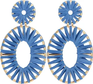 Raffia Tassel Hoop Drop Earrings Handmade Fashion Statement Jewelry for Women