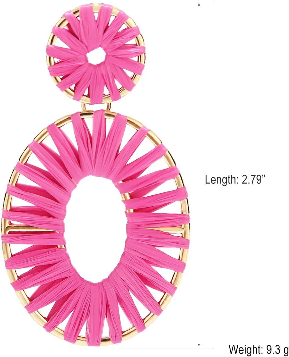 Raffia Tassel Hoop Drop Earrings Handmade Fashion Statement Jewelry for Women