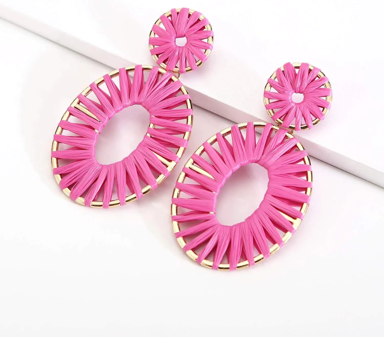 Raffia Tassel Hoop Drop Earrings Handmade Fashion Statement Jewelry for Women