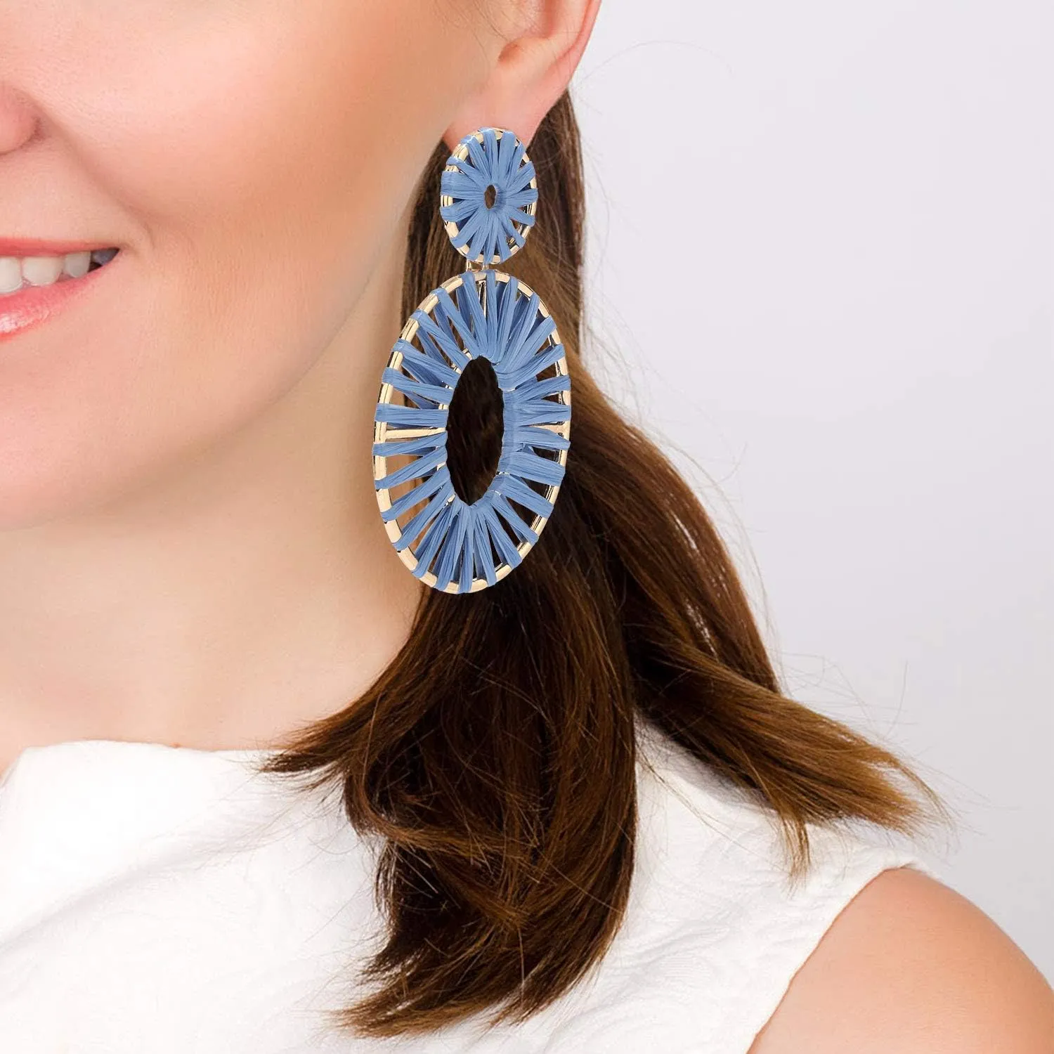 Raffia Tassel Hoop Drop Earrings Handmade Fashion Statement Jewelry for Women