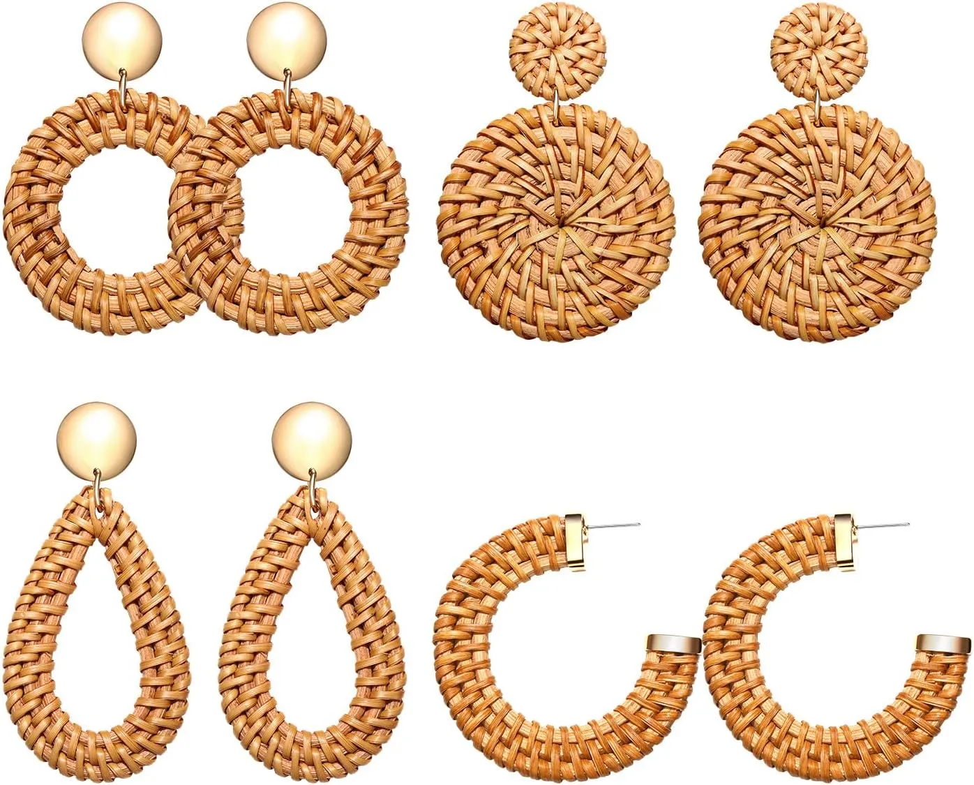 Rattan Statement Hoop Earrings - Woven Dangle Drop Earrings Set