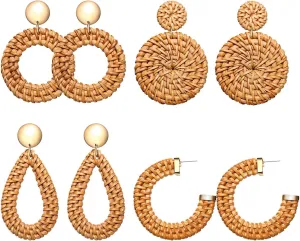 Rattan Statement Hoop Earrings - Woven Dangle Drop Earrings Set