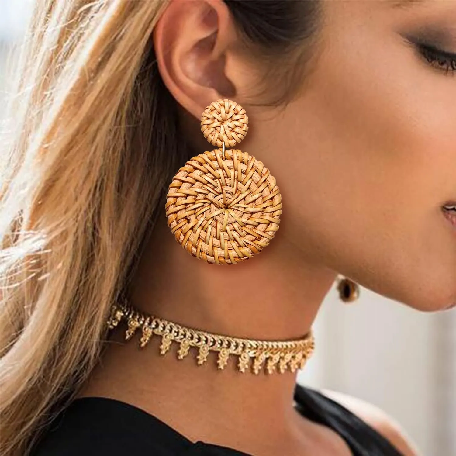 Rattan Statement Hoop Earrings - Woven Dangle Drop Earrings Set