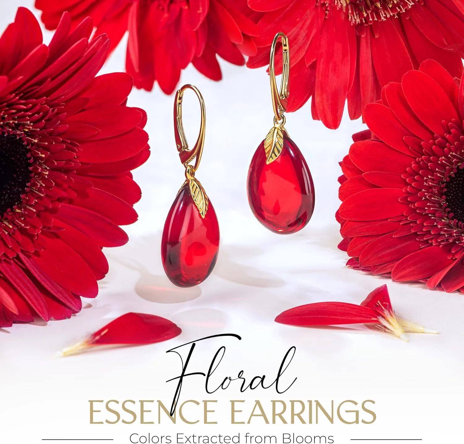 Red Earrings for Women - Gold Plated Silver Leaf Fitting and Closure, Lightweight Edgy Semi-Precious Stone Jewelry for Ladies, Garnet Red Amber Leverback Earrings