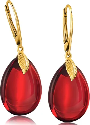 Red Earrings for Women - Gold Plated Silver Leaf Fitting and Closure, Lightweight Edgy Semi-Precious Stone Jewelry for Ladies, Garnet Red Amber Leverback Earrings