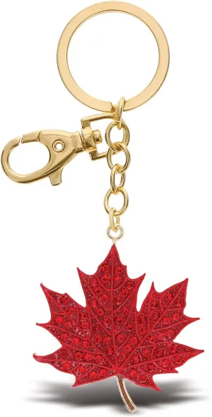 Red Maple Leaf Keychain - Gold 3D Sparkling Charm Rhinestones Fashionable Stylish Metal Alloy Durable Key Ring Bling Crystal Jewelry Accessory With Clasp