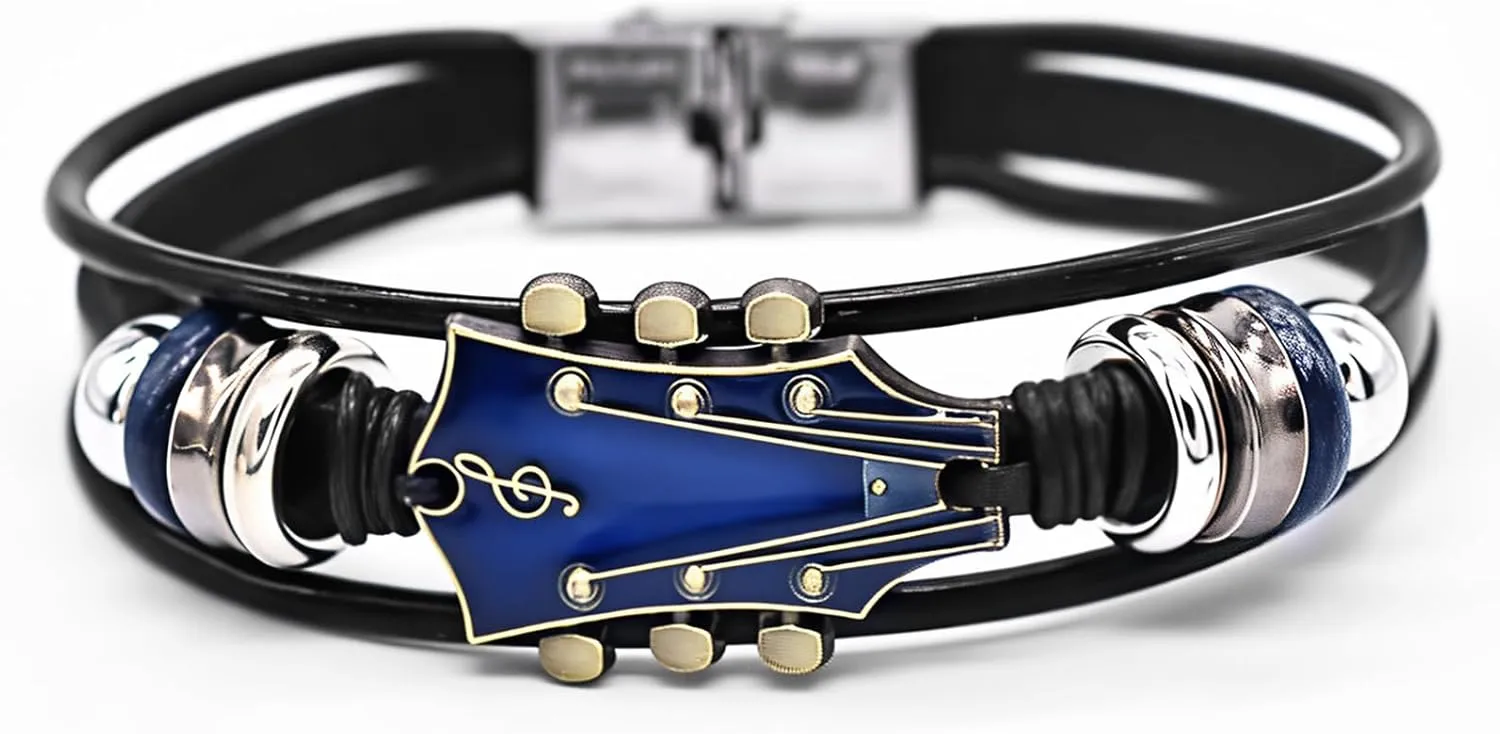 Retro Guitar Leather Bracelet for Man Women Unique Bead Braided Handmade Ethnic Tribal Cuff Multi-Layer Cords Wrap Music Shape Punk Rock Jewelry Gifts Wristband