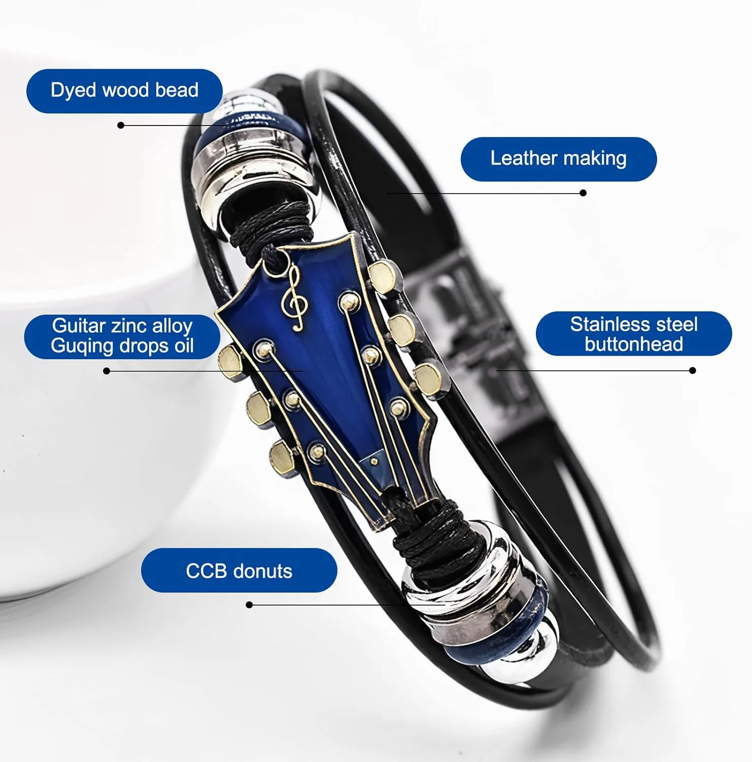 Retro Guitar Leather Bracelet for Man Women Unique Bead Braided Handmade Ethnic Tribal Cuff Multi-Layer Cords Wrap Music Shape Punk Rock Jewelry Gifts Wristband