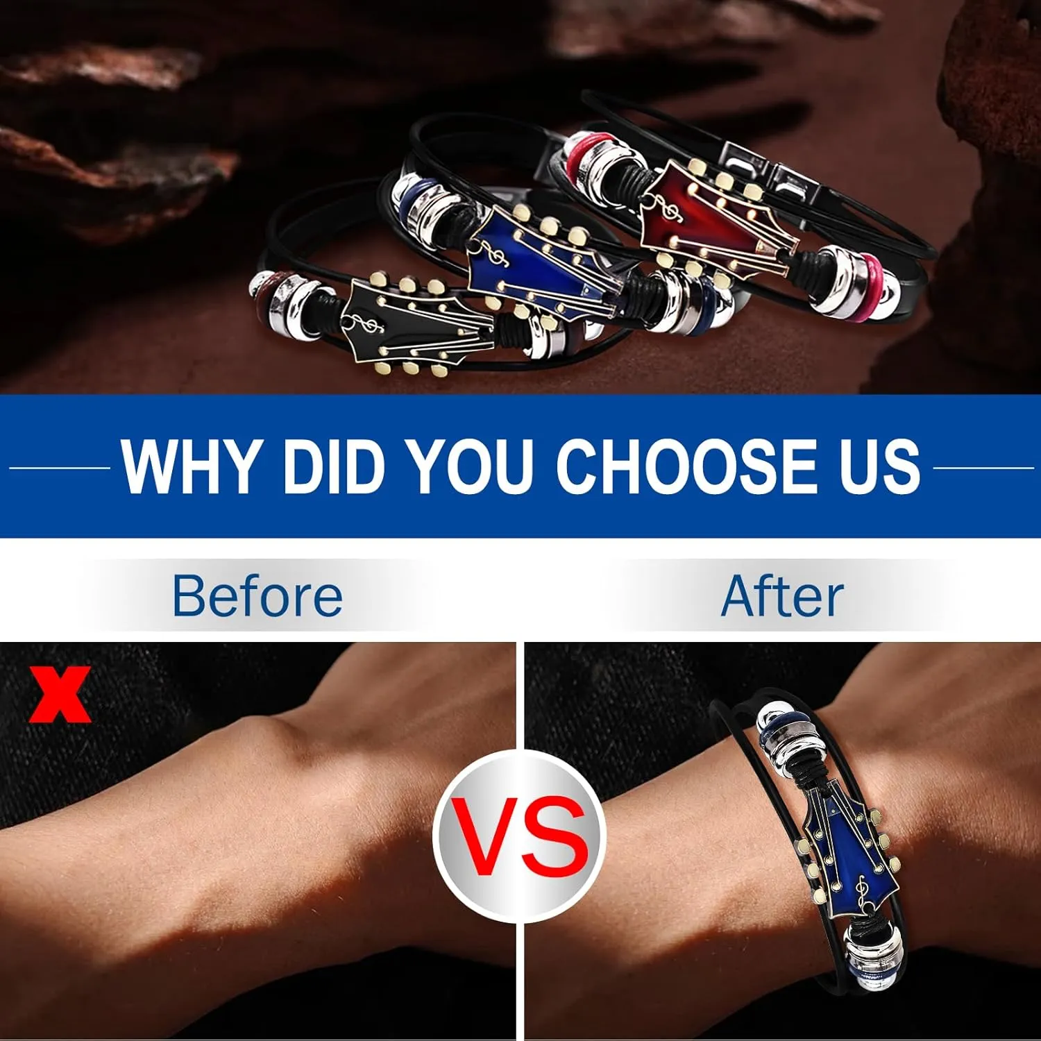 Retro Guitar Leather Bracelet for Man Women Unique Bead Braided Handmade Ethnic Tribal Cuff Multi-Layer Cords Wrap Music Shape Punk Rock Jewelry Gifts Wristband