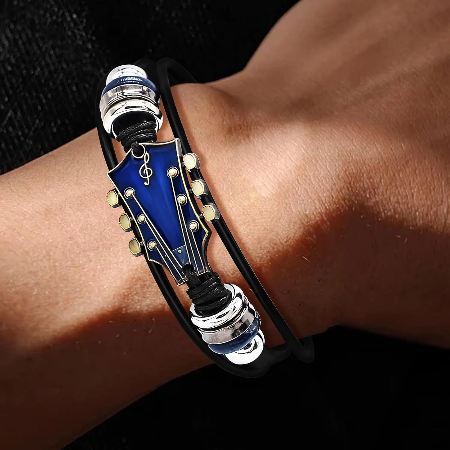 Retro Guitar Leather Bracelet for Man Women Unique Bead Braided Handmade Ethnic Tribal Cuff Multi-Layer Cords Wrap Music Shape Punk Rock Jewelry Gifts Wristband