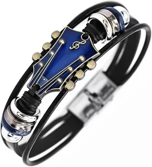 Retro Guitar Leather Bracelet for Man Women Unique Bead Braided Handmade Ethnic Tribal Cuff Multi-Layer Cords Wrap Music Shape Punk Rock Jewelry Gifts Wristband