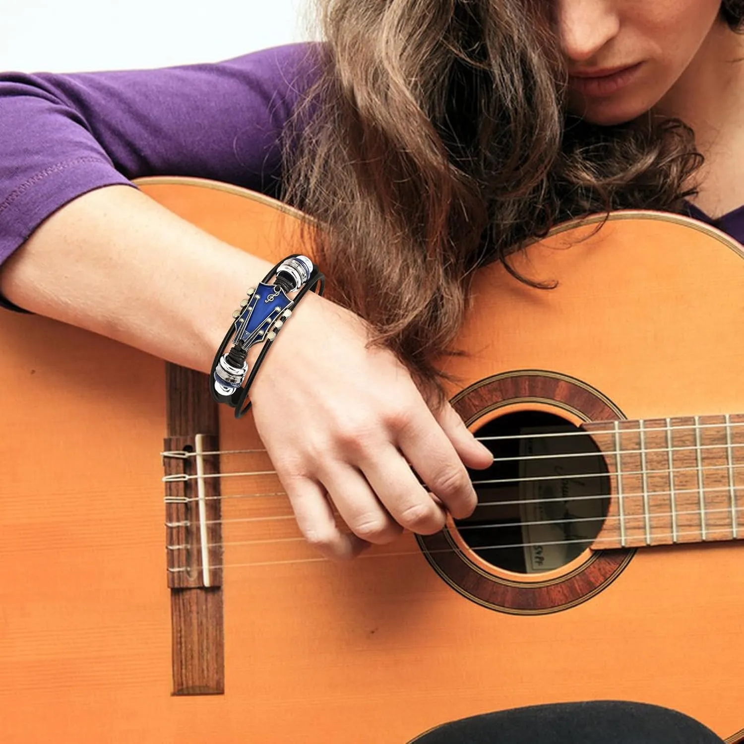 Retro Guitar Leather Bracelet for Man Women Unique Bead Braided Handmade Ethnic Tribal Cuff Multi-Layer Cords Wrap Music Shape Punk Rock Jewelry Gifts Wristband