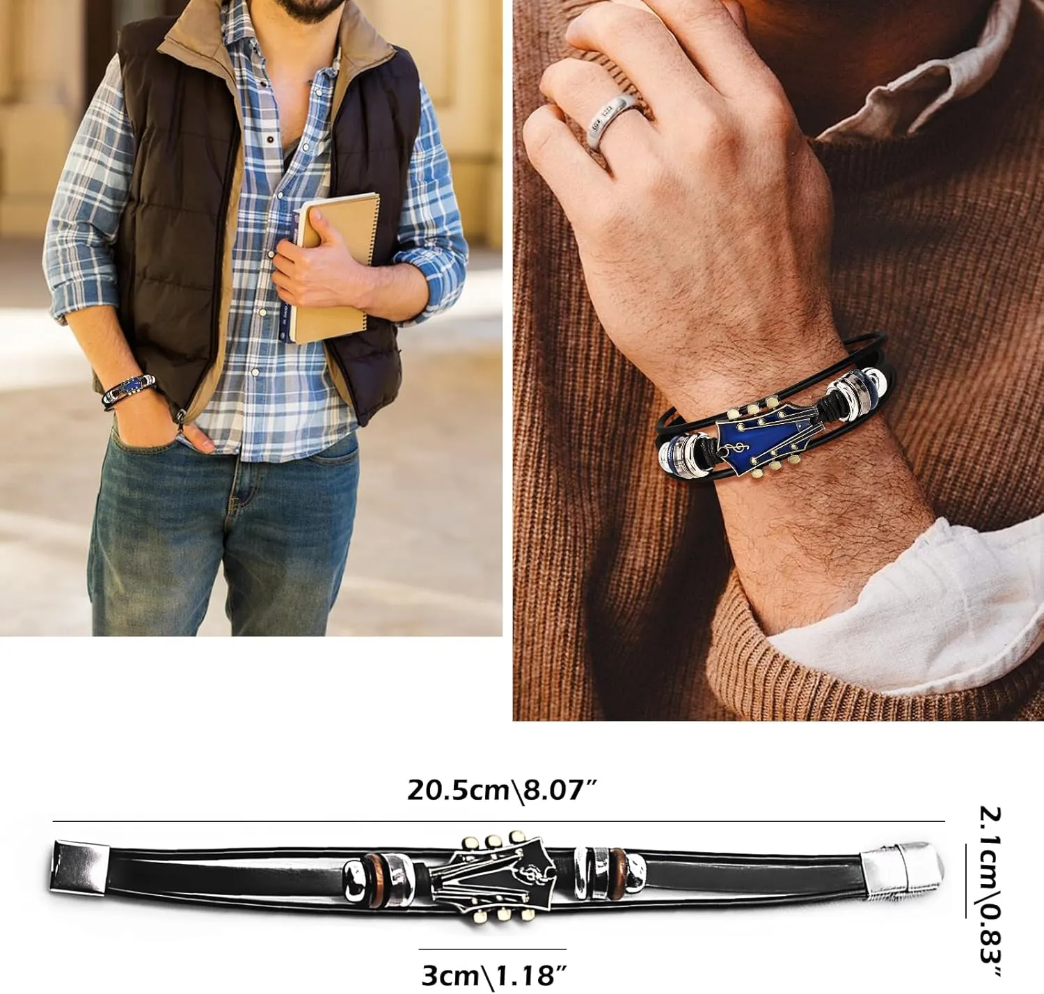 Retro Guitar Leather Bracelet for Man Women Unique Bead Braided Handmade Ethnic Tribal Cuff Multi-Layer Cords Wrap Music Shape Punk Rock Jewelry Gifts Wristband