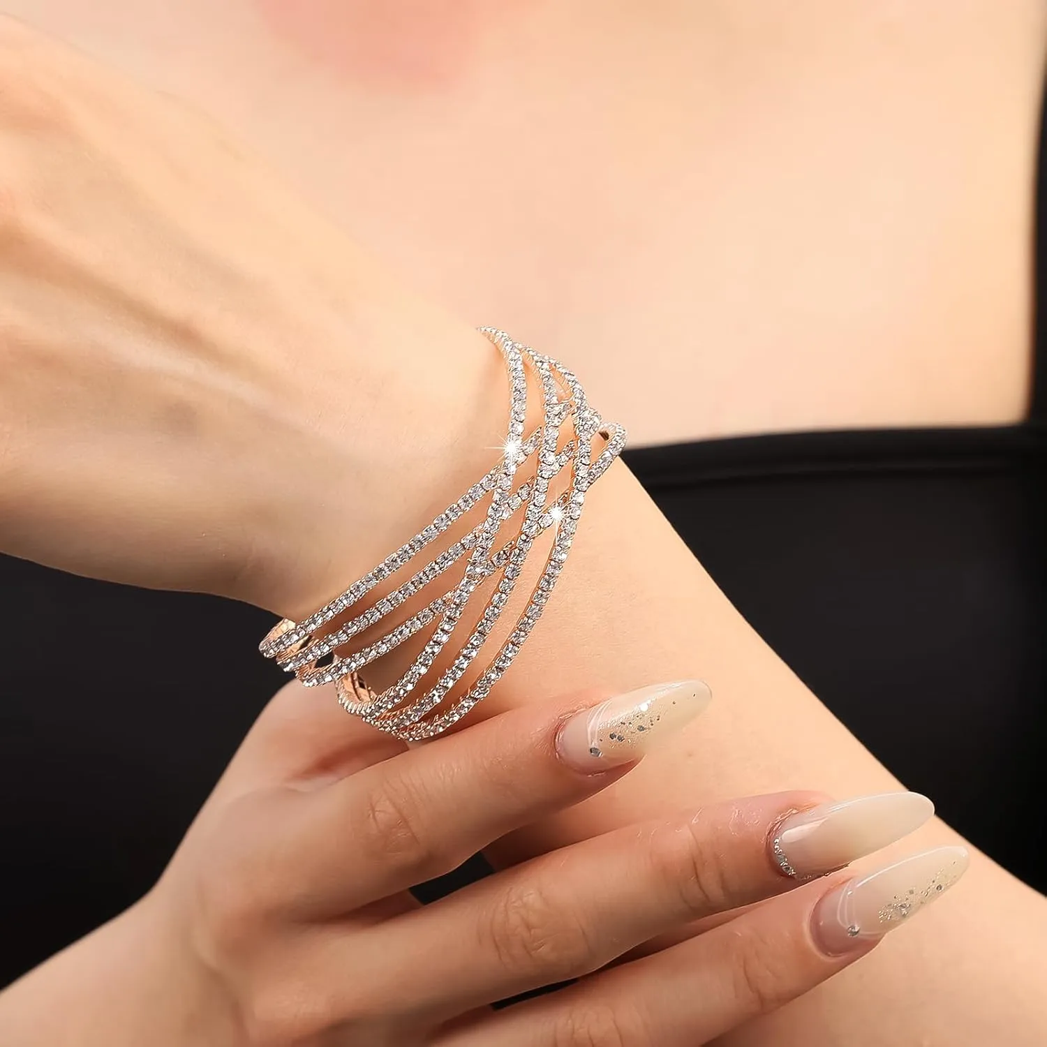 Rhinestone Crystal Bracelet for Women MultiLayer Rhinestone Cross Open Cuff Bangle Sparkly Silver Strand Layered Bridal Wedding Bracelet Jewelry for Prom Party