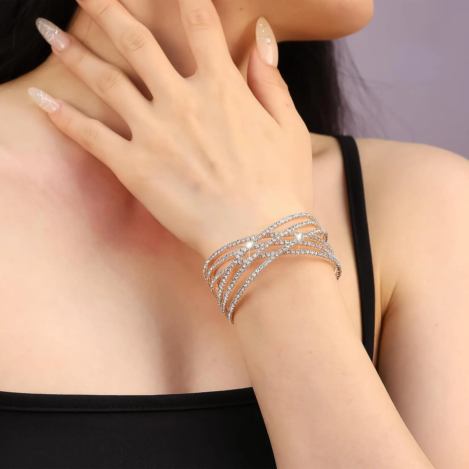 Rhinestone Crystal Bracelet for Women MultiLayer Rhinestone Cross Open Cuff Bangle Sparkly Silver Strand Layered Bridal Wedding Bracelet Jewelry for Prom Party