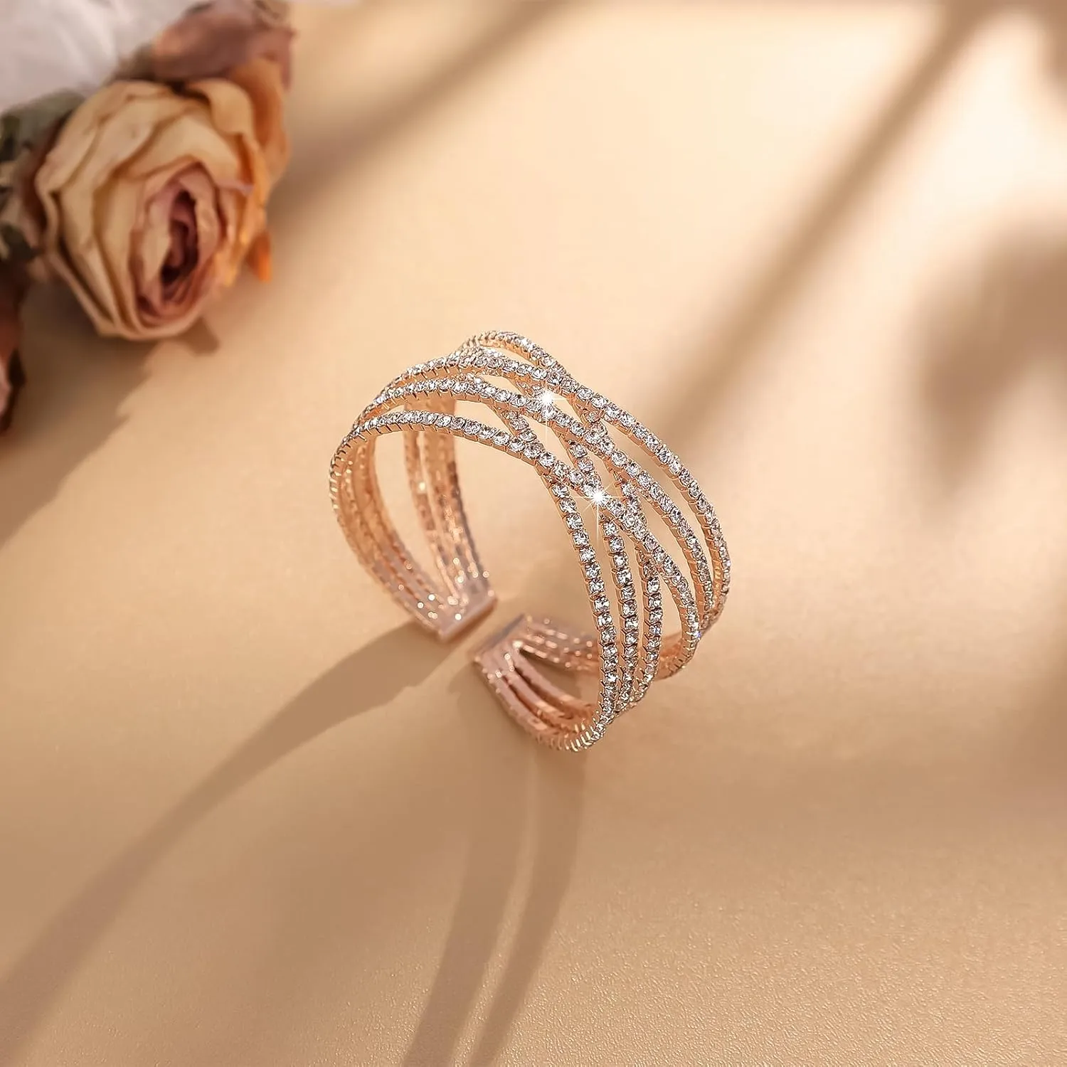 Rhinestone Crystal Bracelet for Women MultiLayer Rhinestone Cross Open Cuff Bangle Sparkly Silver Strand Layered Bridal Wedding Bracelet Jewelry for Prom Party