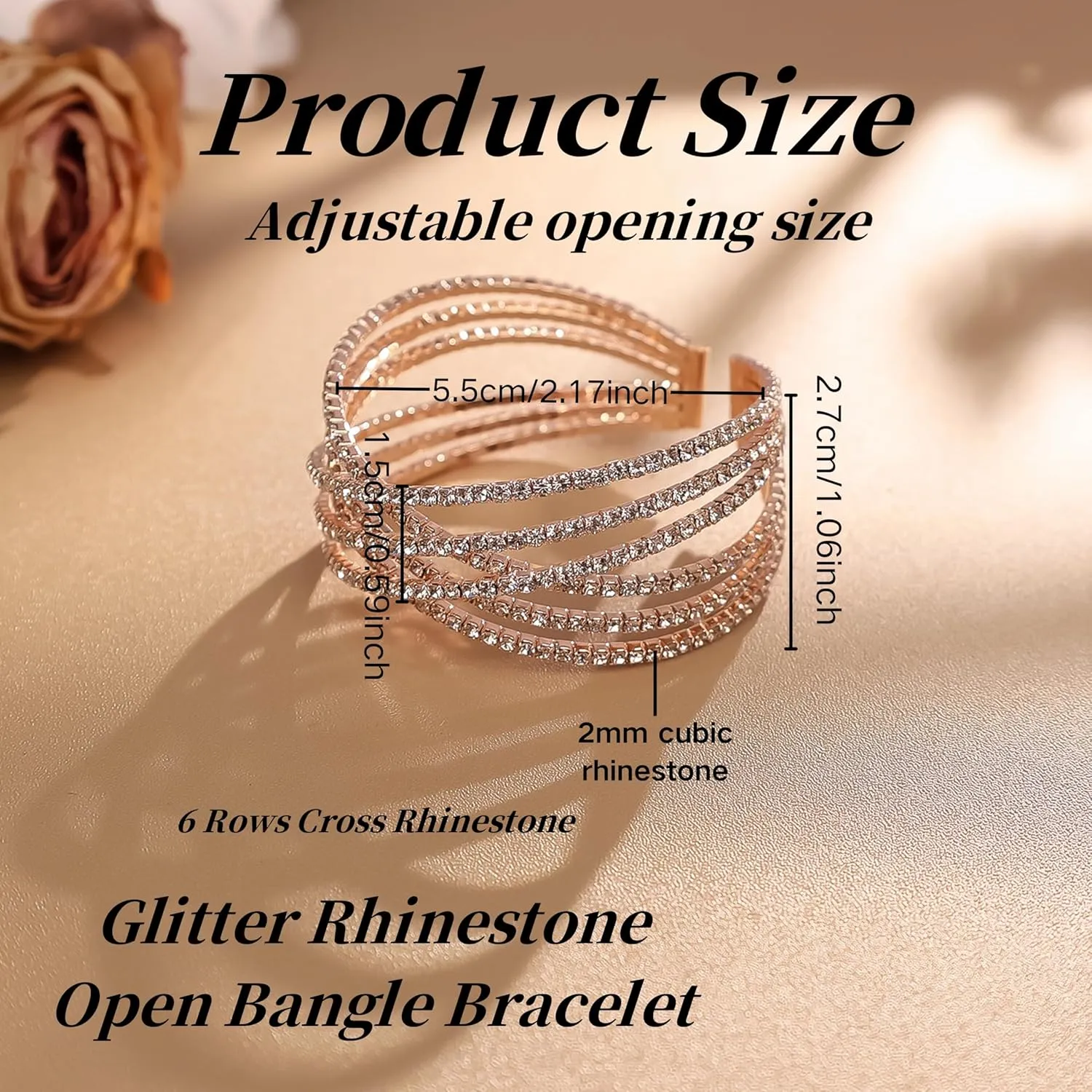 Rhinestone Crystal Bracelet for Women MultiLayer Rhinestone Cross Open Cuff Bangle Sparkly Silver Strand Layered Bridal Wedding Bracelet Jewelry for Prom Party