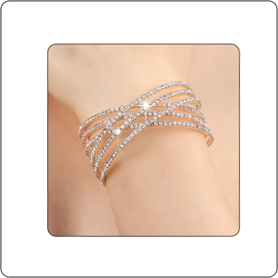 Rhinestone Crystal Bracelet for Women MultiLayer Rhinestone Cross Open Cuff Bangle Sparkly Silver Strand Layered Bridal Wedding Bracelet Jewelry for Prom Party