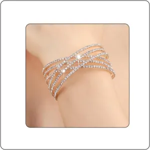 Rhinestone Crystal Bracelet for Women MultiLayer Rhinestone Cross Open Cuff Bangle Sparkly Silver Strand Layered Bridal Wedding Bracelet Jewelry for Prom Party