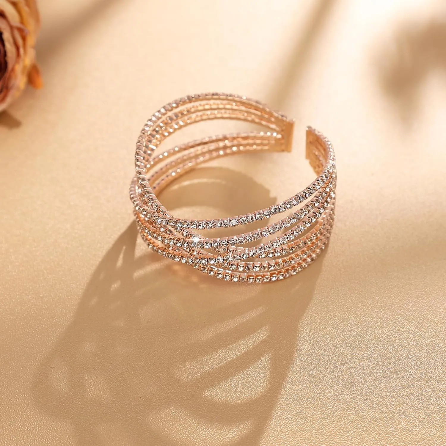 Rhinestone Crystal Bracelet for Women MultiLayer Rhinestone Cross Open Cuff Bangle Sparkly Silver Strand Layered Bridal Wedding Bracelet Jewelry for Prom Party