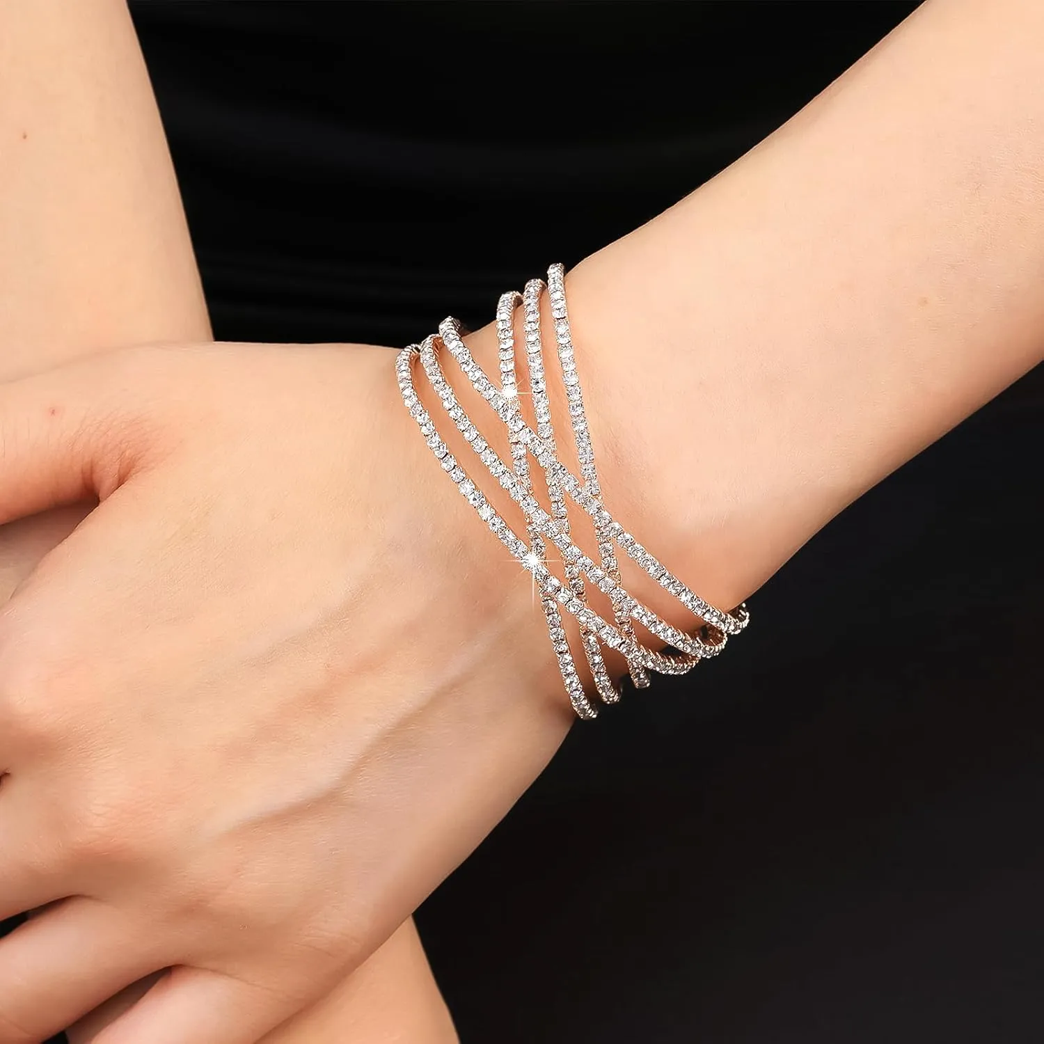 Rhinestone Crystal Bracelet for Women MultiLayer Rhinestone Cross Open Cuff Bangle Sparkly Silver Strand Layered Bridal Wedding Bracelet Jewelry for Prom Party