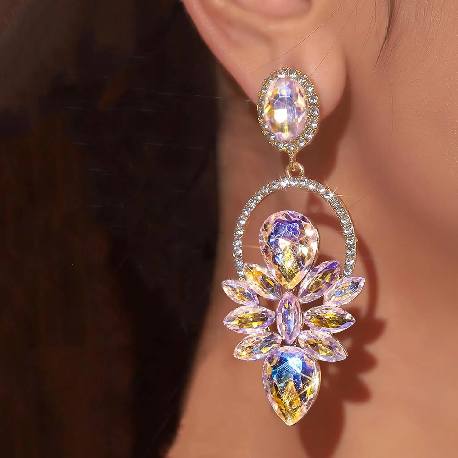 Rhinestone Drop Earrings - Iridescent Butterfly Wing Crystal Sparkly Statement Earrings for Wedding Party Dress Jewelry Gifts