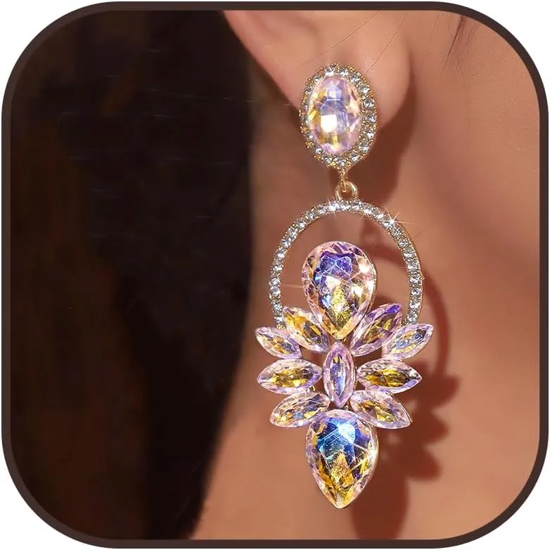 Rhinestone Drop Earrings - Iridescent Butterfly Wing Crystal Sparkly Statement Earrings for Wedding Party Dress Jewelry Gifts