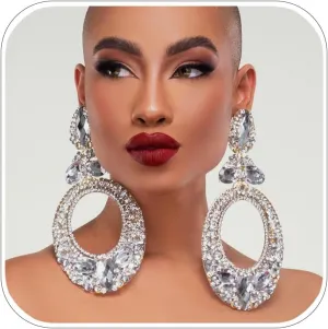Rhinestone Large Drag Queen Earrings Oversized Jewelry Crystal Costume Dangle Earrings for Women Silver Formal