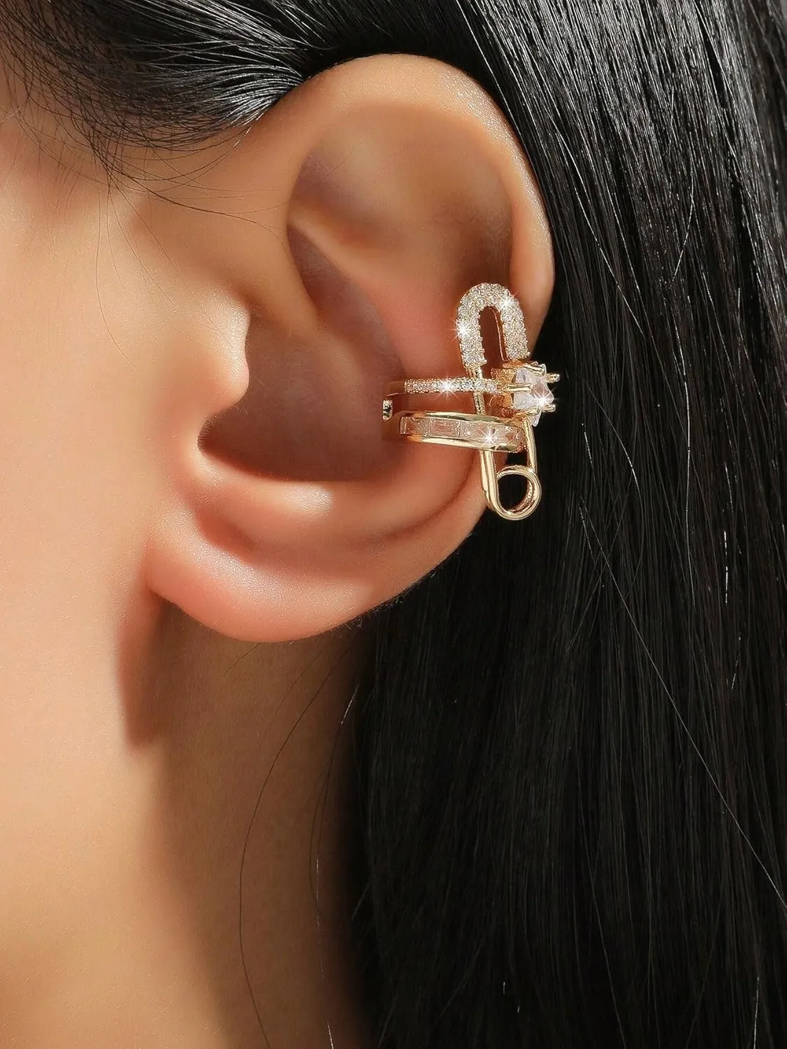 Rhinestone Punk Goth Safety Pin Ear Cuff Earrings for Women, Non-Piercing Cartilage Clip-on, Silver and Gold