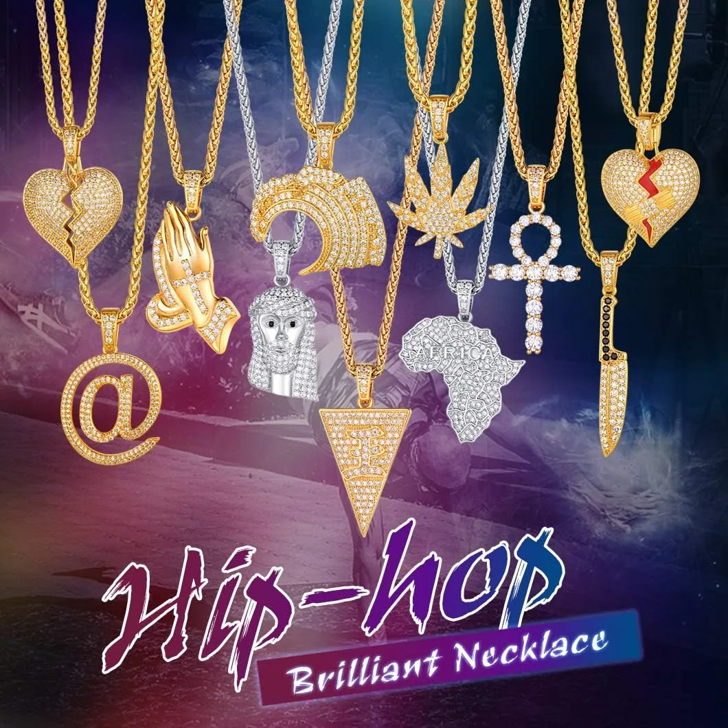 Richsteel Mens Necklaces for Womens Shiny Cubic Zirconia Africa Map/Broken Heart/Praying Hands/Cross Pendent with Spiga Chain Gold/Platinum Plated Hip Hop Jewely