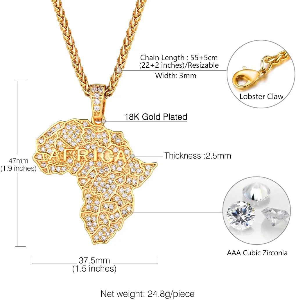 Richsteel Mens Necklaces for Womens Shiny Cubic Zirconia Africa Map/Broken Heart/Praying Hands/Cross Pendent with Spiga Chain Gold/Platinum Plated Hip Hop Jewely