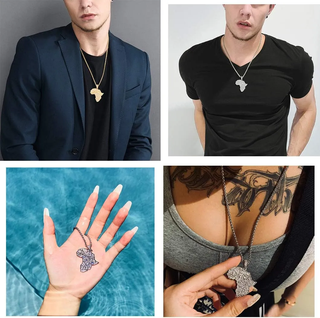 Richsteel Mens Necklaces for Womens Shiny Cubic Zirconia Africa Map/Broken Heart/Praying Hands/Cross Pendent with Spiga Chain Gold/Platinum Plated Hip Hop Jewely