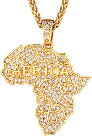 Richsteel Mens Necklaces for Womens Shiny Cubic Zirconia Africa Map/Broken Heart/Praying Hands/Cross Pendent with Spiga Chain Gold/Platinum Plated Hip Hop Jewely