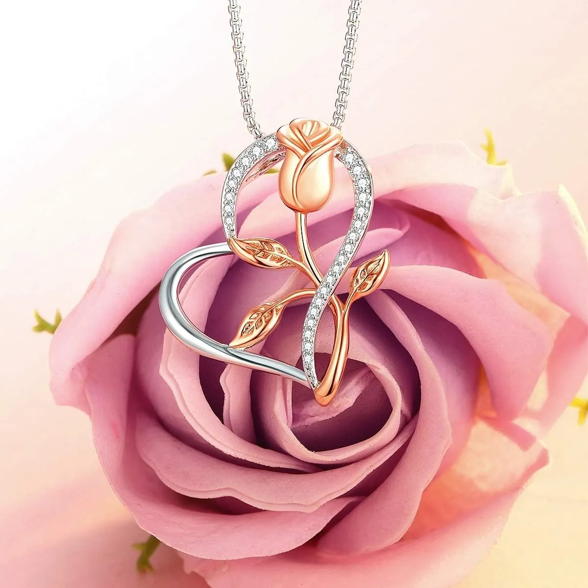 Rose Gold Flower Pendant Necklace with Heart, Silver & Rose. Unique Gift for Mom or Wife, Birthday, Christmas, Mother's Day