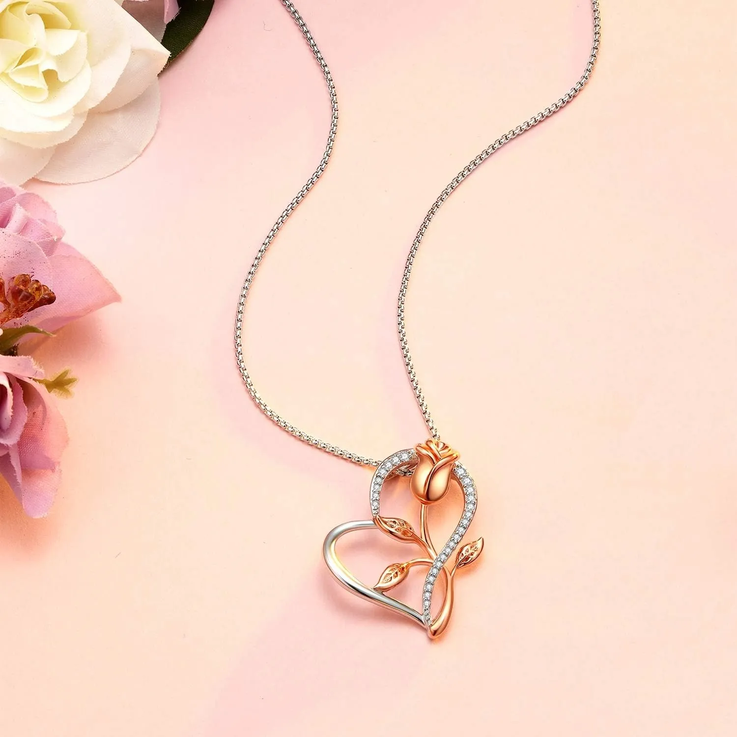 Rose Gold Flower Pendant Necklace with Heart, Silver & Rose. Unique Gift for Mom or Wife, Birthday, Christmas, Mother's Day