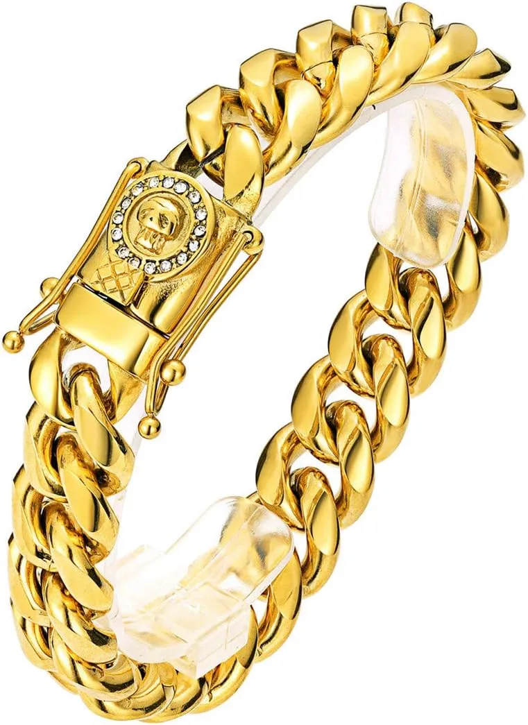 ROWIN&CO Miami Cuban Link Chain for Men 18K Gold Stainless Steel Curb Necklace/Bracelet, Hip Hop Jewelry, Durable & Anti-Tarnish CZ Diamond Skull Clasp Chain 8" to 30" Inch