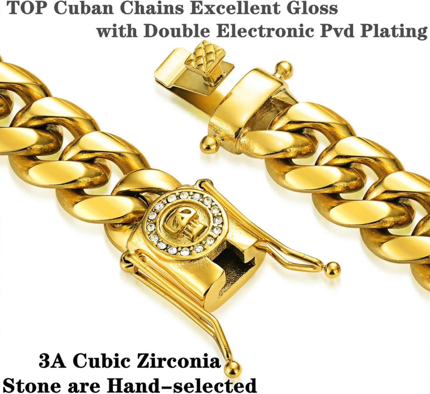 ROWIN&CO Miami Cuban Link Chain for Men 18K Gold Stainless Steel Curb Necklace/Bracelet, Hip Hop Jewelry, Durable & Anti-Tarnish CZ Diamond Skull Clasp Chain 8" to 30" Inch