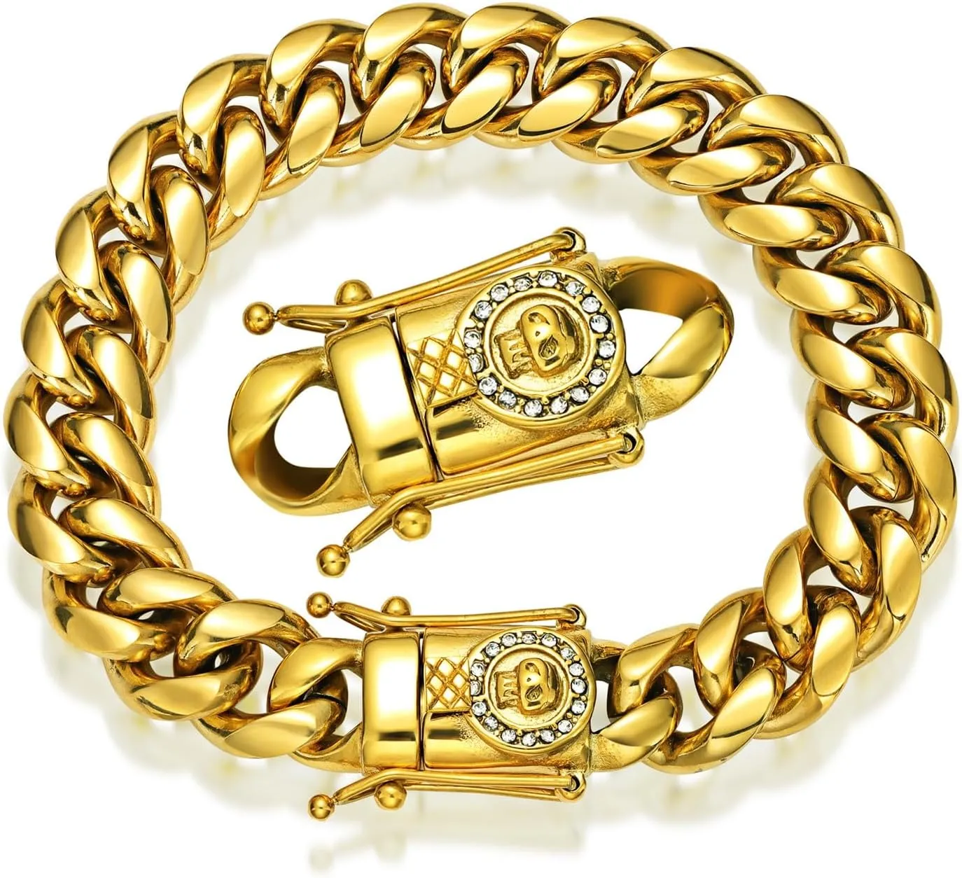 ROWIN&CO Miami Cuban Link Chain for Men 18K Gold Stainless Steel Curb Necklace/Bracelet, Hip Hop Jewelry, Durable & Anti-Tarnish CZ Diamond Skull Clasp Chain 8" to 30" Inch