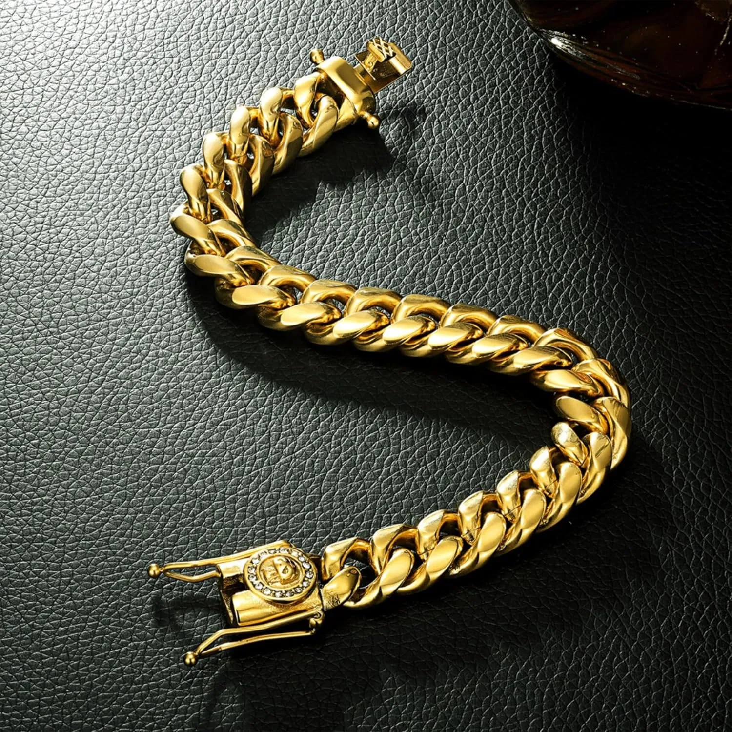 ROWIN&CO Miami Cuban Link Chain for Men 18K Gold Stainless Steel Curb Necklace/Bracelet, Hip Hop Jewelry, Durable & Anti-Tarnish CZ Diamond Skull Clasp Chain 8" to 30" Inch