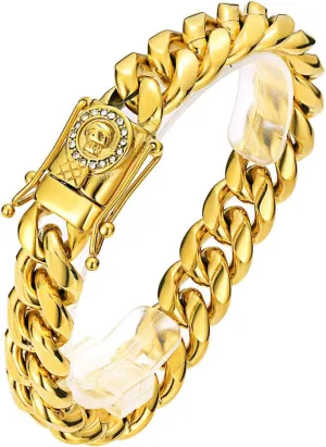 ROWIN&CO Miami Cuban Link Chain for Men 18K Gold Stainless Steel Curb Necklace/Bracelet, Hip Hop Jewelry, Durable & Anti-Tarnish CZ Diamond Skull Clasp Chain 8" to 30" Inch