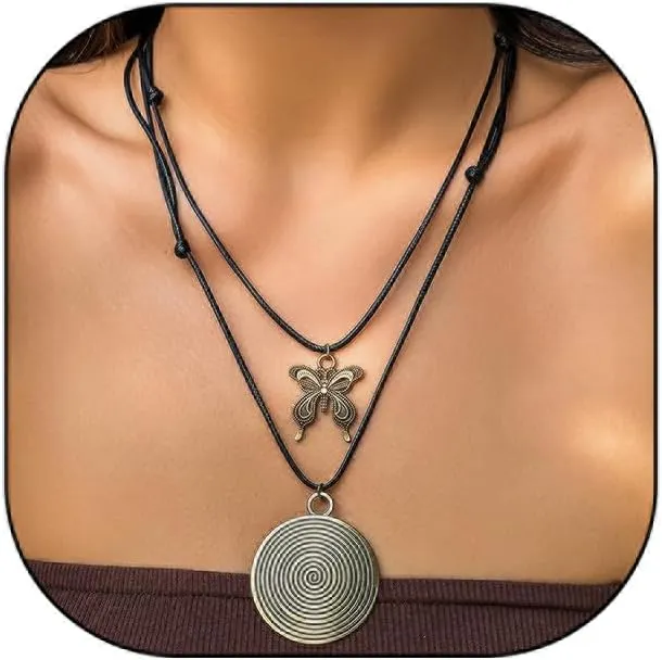 Rrdaily Long Boho Necklaces for Women, Vintage Adjustable Long Leather Layered Necklace Statement Charm Jewelry Gift