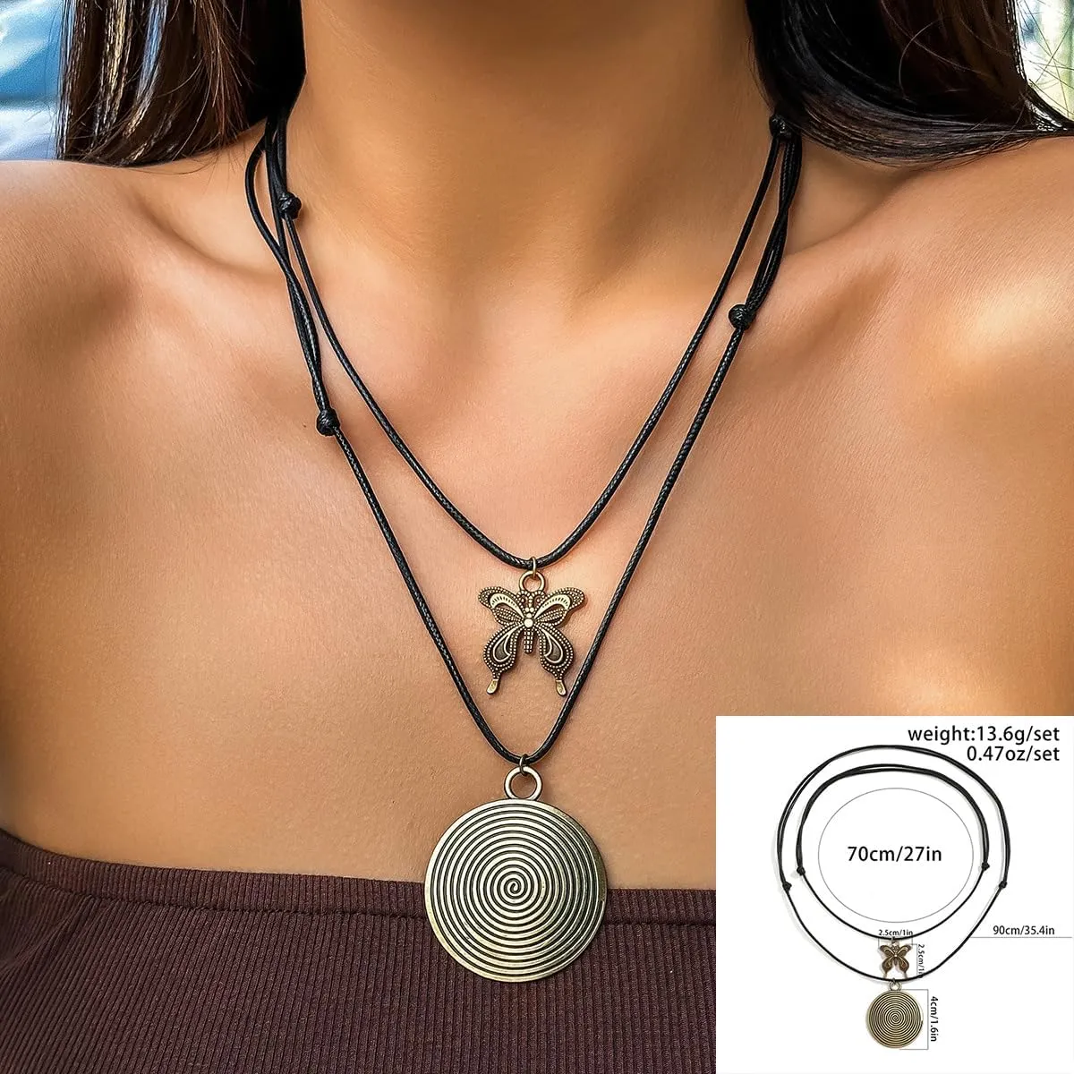 Rrdaily Long Boho Necklaces for Women, Vintage Adjustable Long Leather Layered Necklace Statement Charm Jewelry Gift