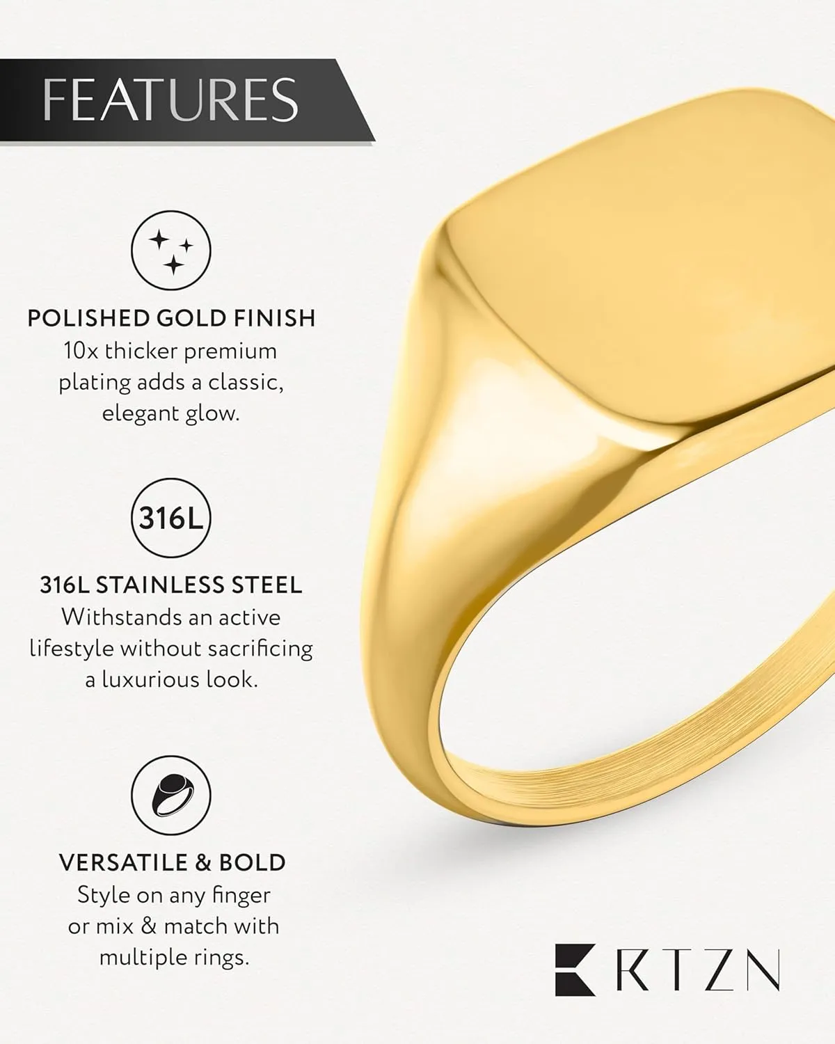 RTZN Signet Rings for Men  Premium Mens Stainless Steel Rings  100% Waterproof & Non Tarnish Plain Statement Mens Signet Ring Gold/Silver Pinky Ring for Men (SIZE: 6-12)