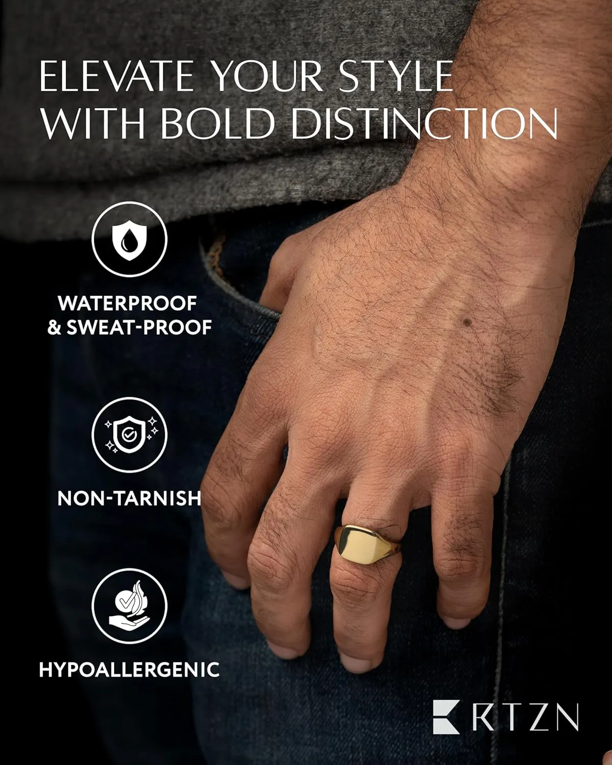 RTZN Signet Rings for Men  Premium Mens Stainless Steel Rings  100% Waterproof & Non Tarnish Plain Statement Mens Signet Ring Gold/Silver Pinky Ring for Men (SIZE: 6-12)