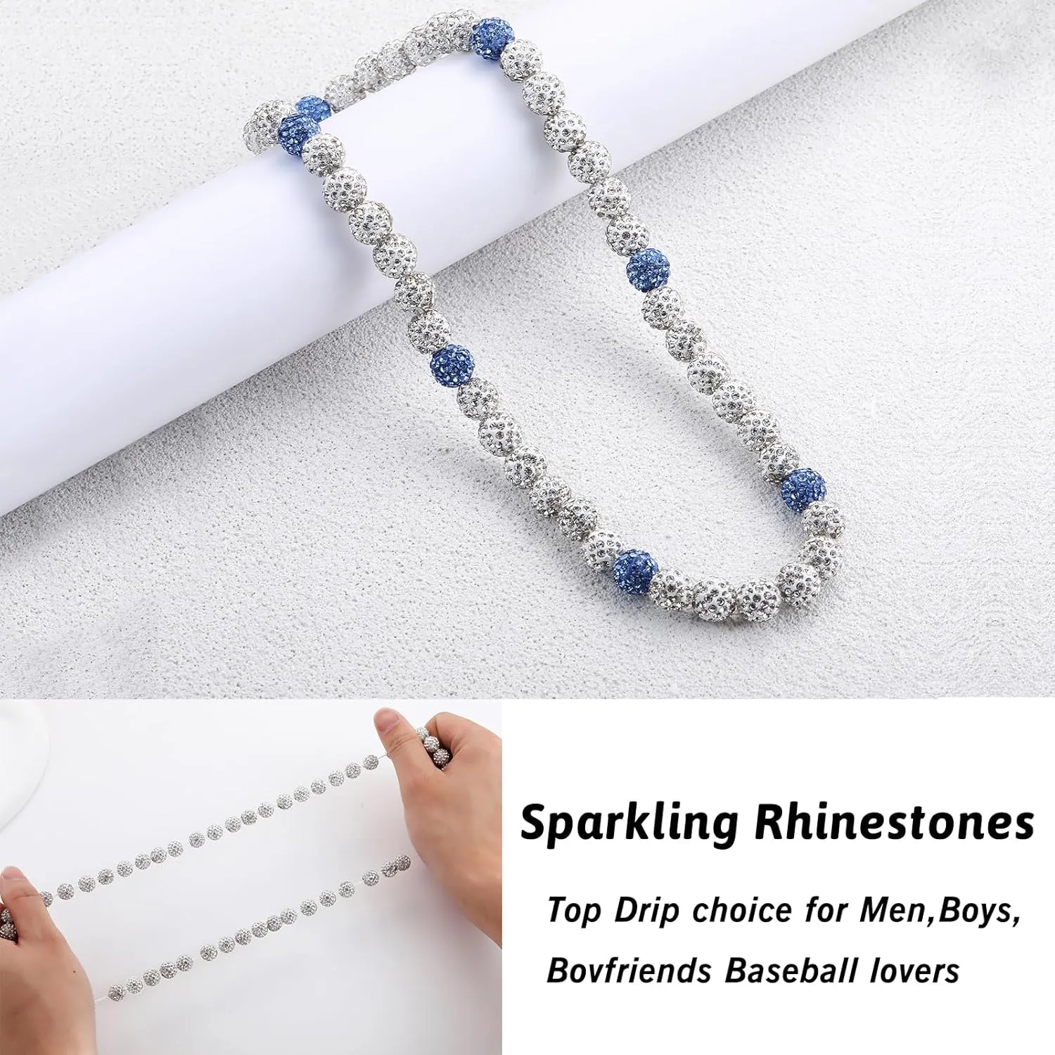 RWQIAN Baseball Beaded Necklace for Men Boys, Bling Drip Chains Inspired Accessory With Diamond Rhinestone Discoball, Jewelry Making Gift for Baseball Team Athletes
