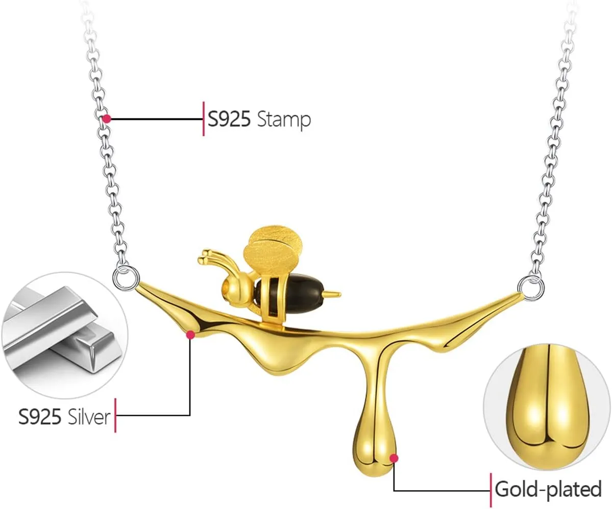 S925 Sterling Silver Pendant Necklace Bee and Dripping Honey Pendant with Necklaces Chain Length 18.5 inches, Handmade Unique Jewelry Gifts for Women