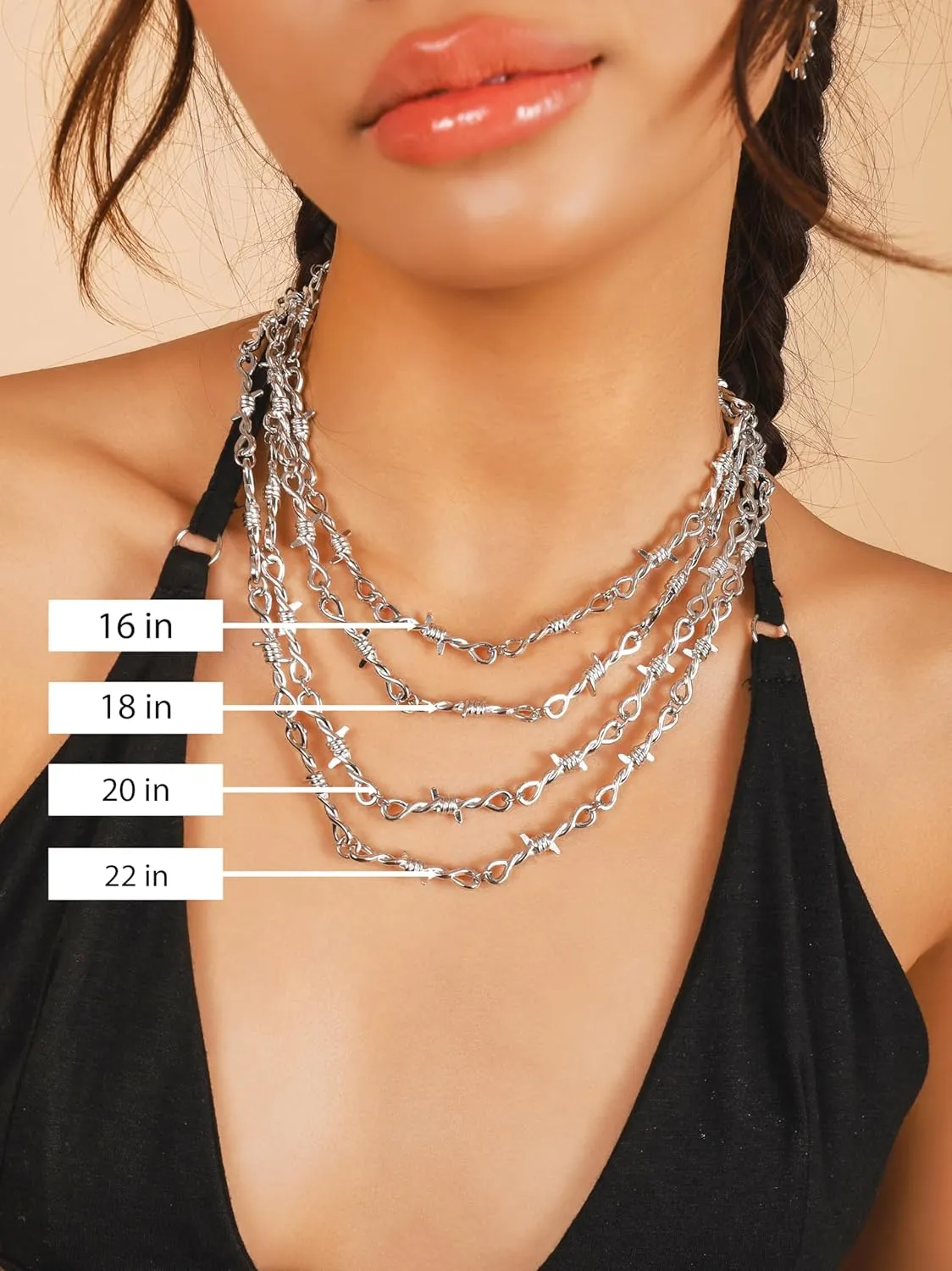 Sacina Silver-tone Barbed Wire Chain Necklace 16/18/20/22 in, Gothic Emo Punk Grunge Necklace, Goth Jewelry, Christmas Jewelry Gift for Women